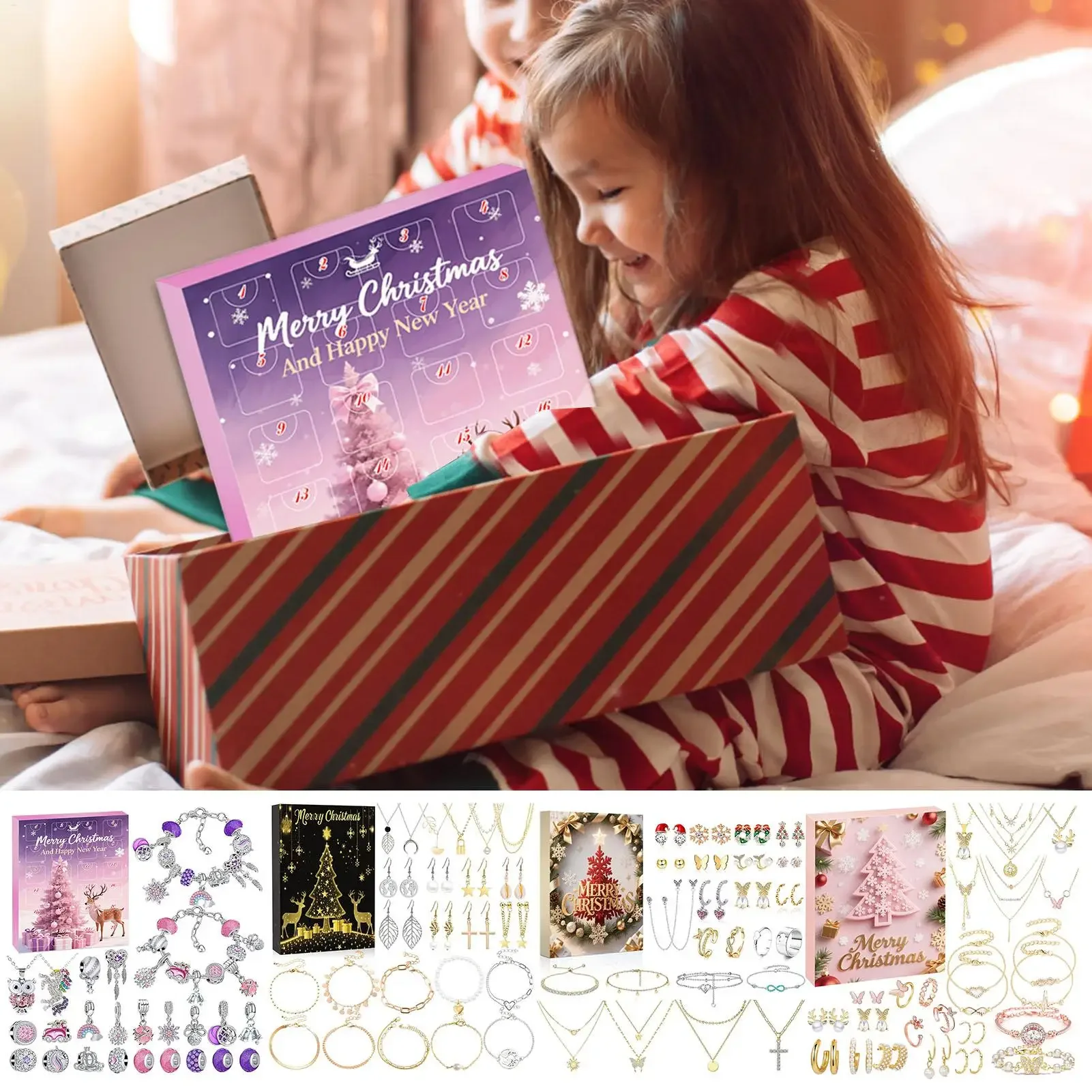 عيد الميلاد العد التنازلي تقويم القدوم فتاة سوار 24 يوما هدية صندوق عطلة مفاجأة DIY مجوهرات إبداعية سحر صنع عدة