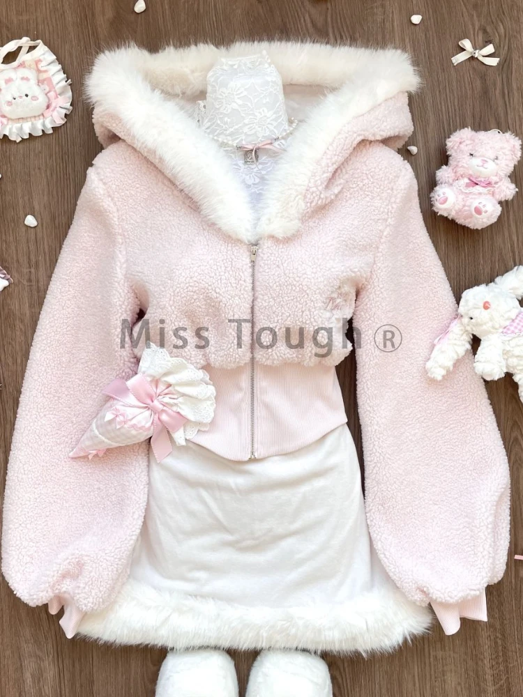 Autumn Winter Pink Long Sleeve 2-piece Set Women Cute Sweet Zipper Hooded Short Coat Female + Solid Bow Warm Sling Dress 2024