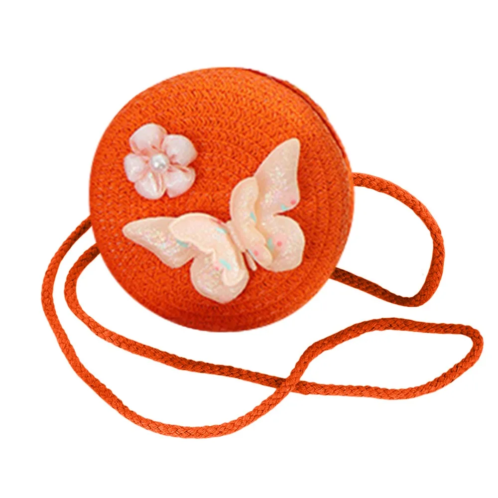 Cute Handmade Straw Bag Flower Woven Crossbody Bag Round Shape Shoulder Bag for Girls