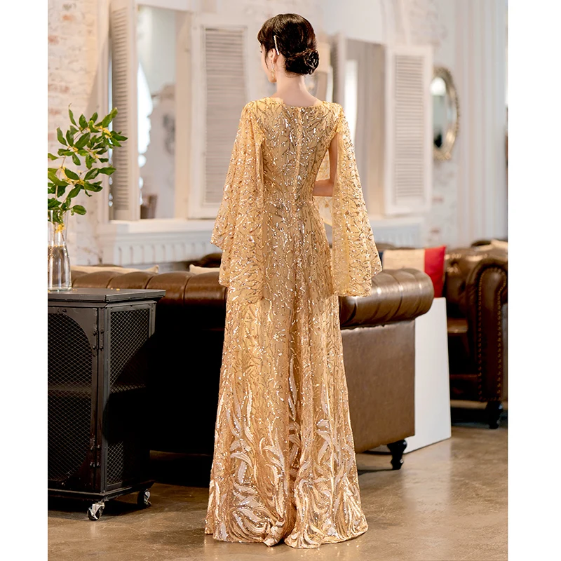 Gold Sequin Moeder Van De Bridal Jurken Elegante V-hals A-lijn Vloer-Lengte Lange Wedding Partij Jassen 2023