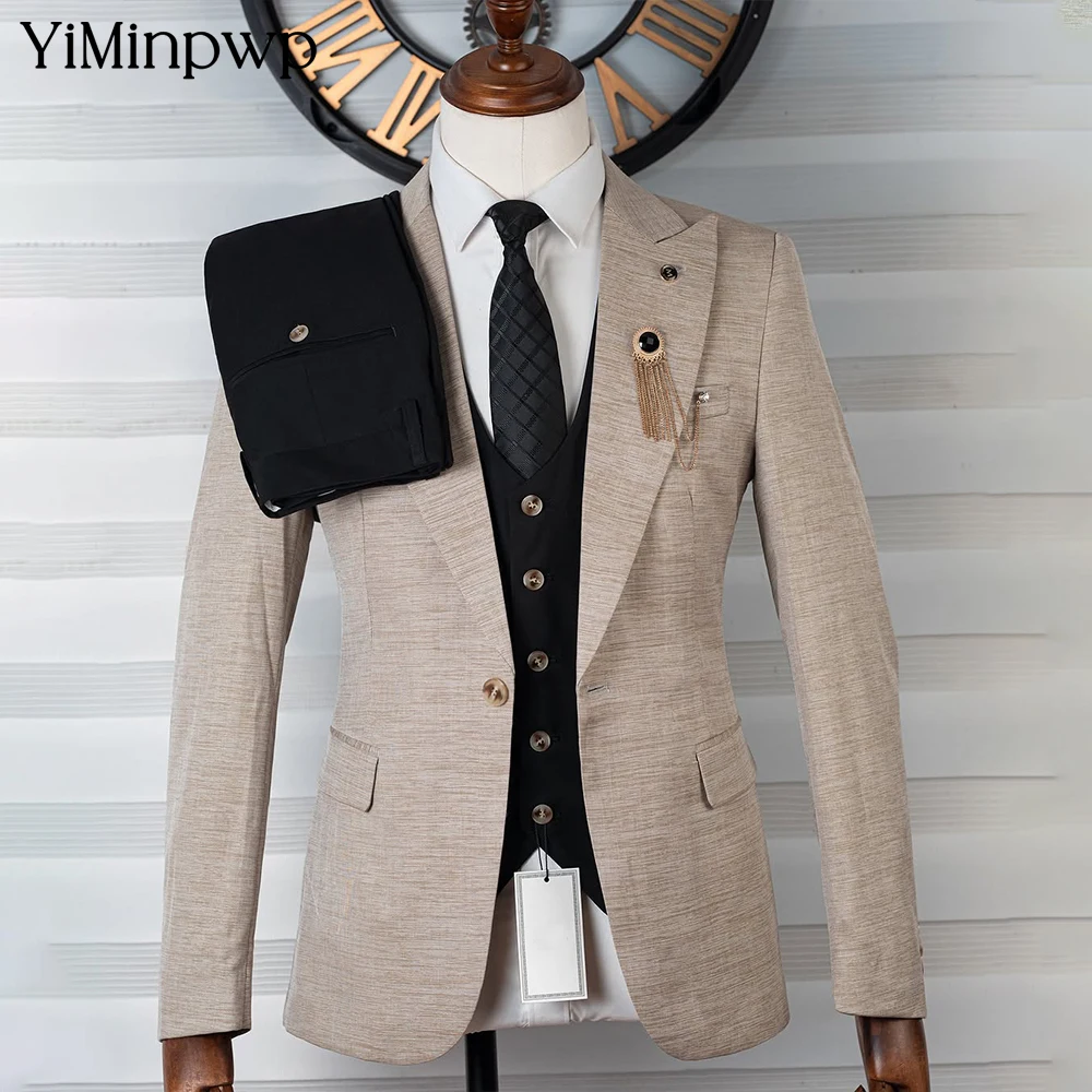 

High Quality Men's Suits 3 Piece Suit Men Beige Tailored UK Single Breasted Formal Business Office Wedding Wear Male Suits
