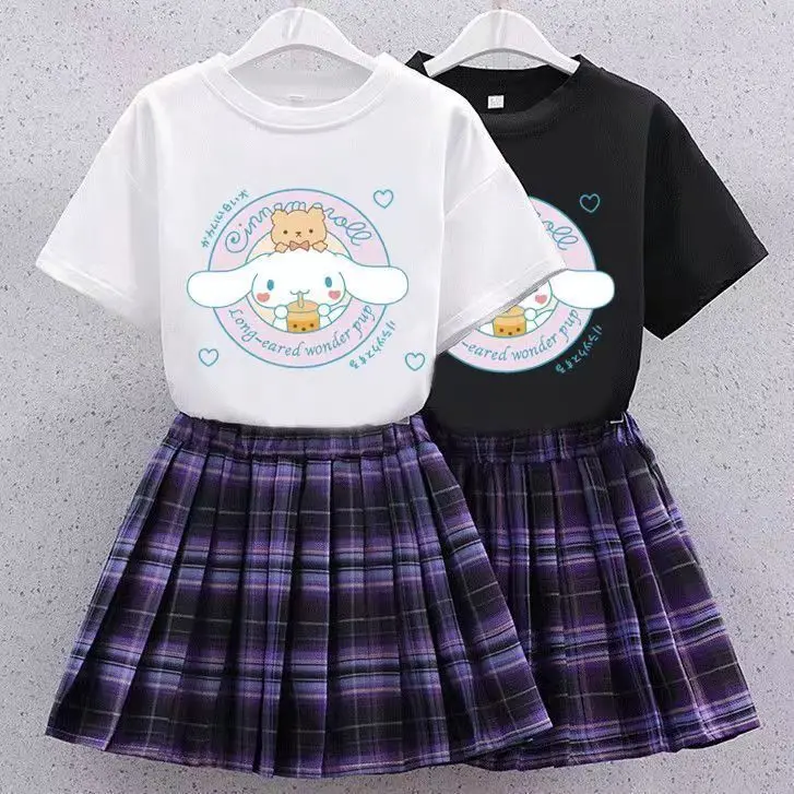 

Anime Cinnamoroll Kuromi Girl T-Shirt Jk Set Sanrio Kuromi Summer New Children Short-Sleeved Pleated Skirt Two-Piece Set Gift