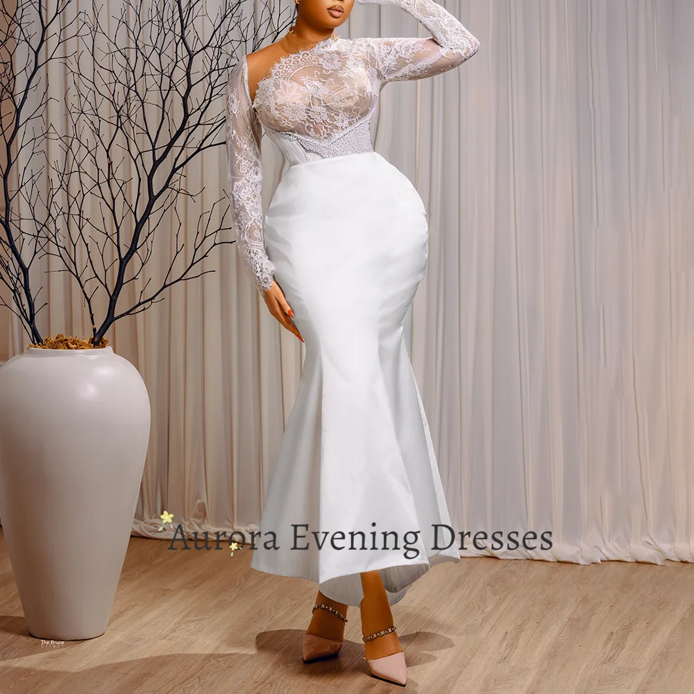 Aurora Elegant Mermaid Evening Dresses for Women Long Lace Sleeve Satin Midi Formal Party Gown 2026 Prom Dress