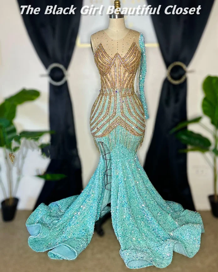 Elegant Blue Green Cocktail Dresses Glitter Beaded Tassel Sequins Evening Black Girls Sexy Side Slit Birthday Party Dresses