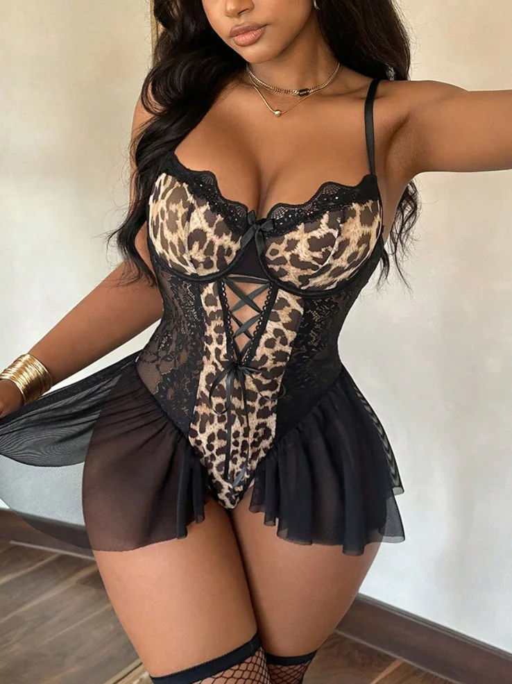 

Fun Leopard Print Mesh Nightgown Camisole Skirt Set Sexy Summer Home Wear Short Sleeve V Neck Youth Casual Leisure Lingerie