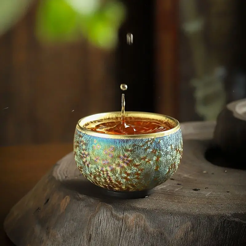 Gilded Tenmoku Glaze Teacup, Kiln Transmutation Peacock Iridescent Tea Bowl, Exquisite Personal Master Cup for Tea Tasting