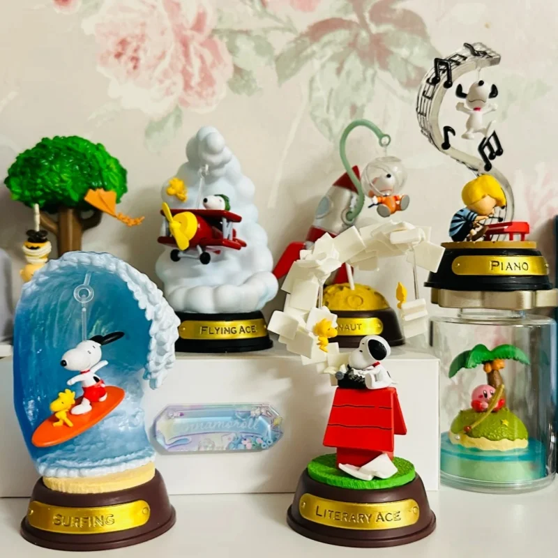 Re Ment Original Peanuts Anime Snoopy SWING ORNAMENT Surfing Piano Action Figure Model Toys Collectible Ornaments For Kids Gift