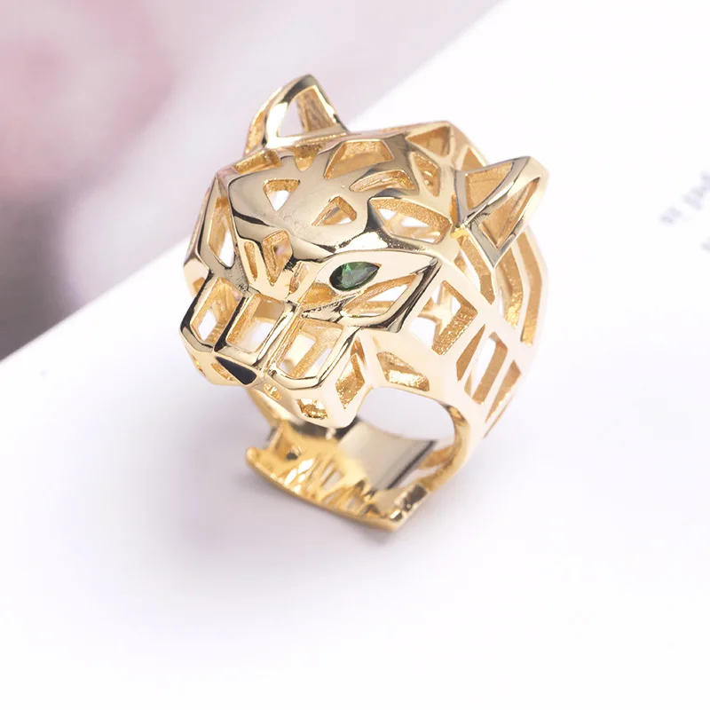 Europe America Luxury Style Men Women Lady Hollow Out Inlaid Green Zircon Eyes Leopard Head Plated Gold Color Lovers Ring