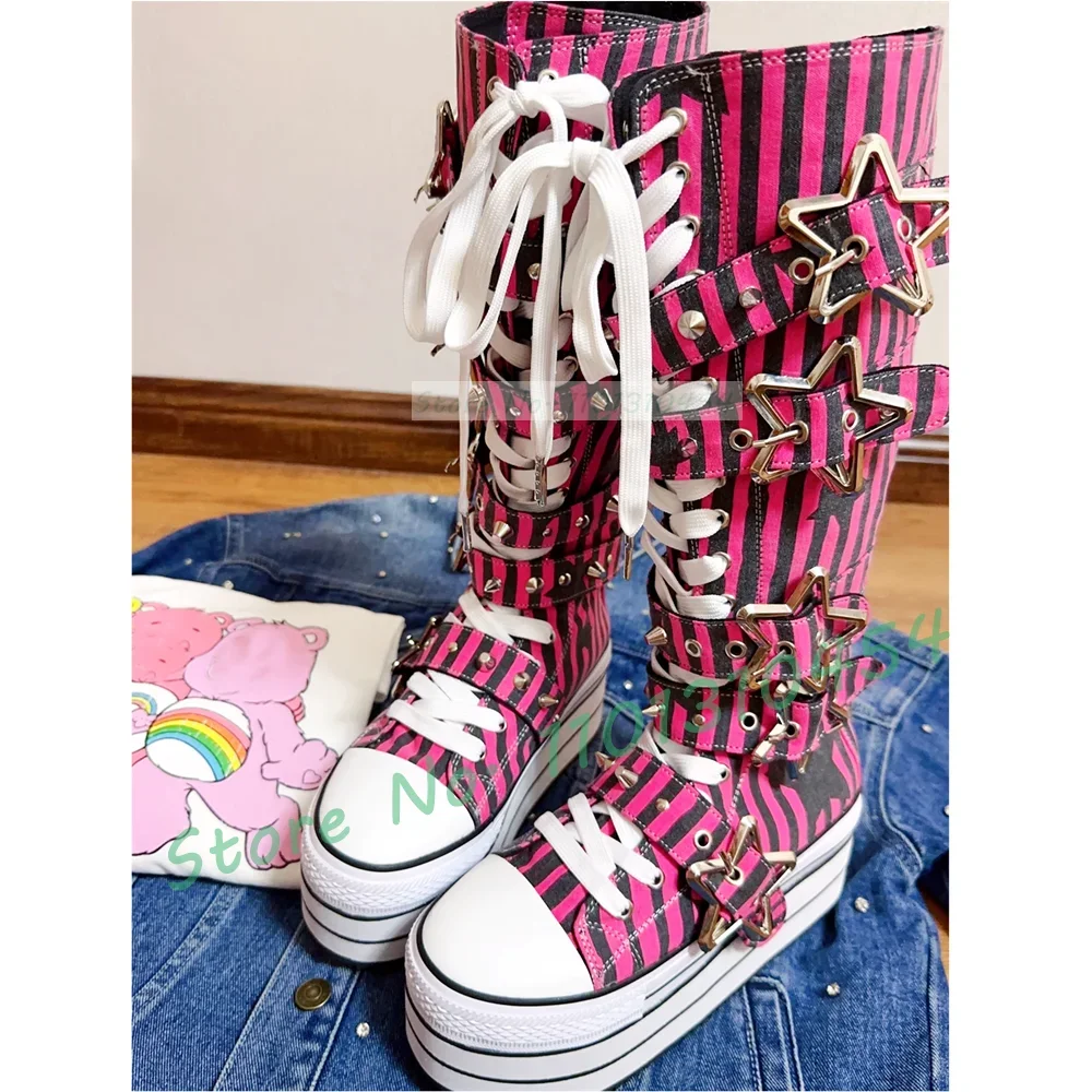 Black Striped Platform Long Canvas Shoes Girl's Sweet Metal Star Belt Buckle Lace-up Boots Fashion Round Toe Cool Lolita Shoes