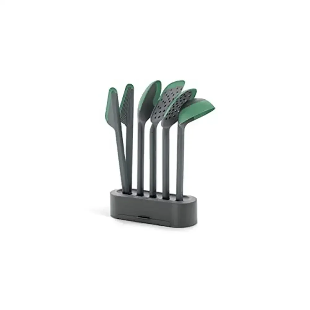 

5-Piece Cooking Utensil Set Grey Green Spoon Ladle Tongs Turner Skimmer Holder High Temp Resistant Ergonomic Durable Dishwasher