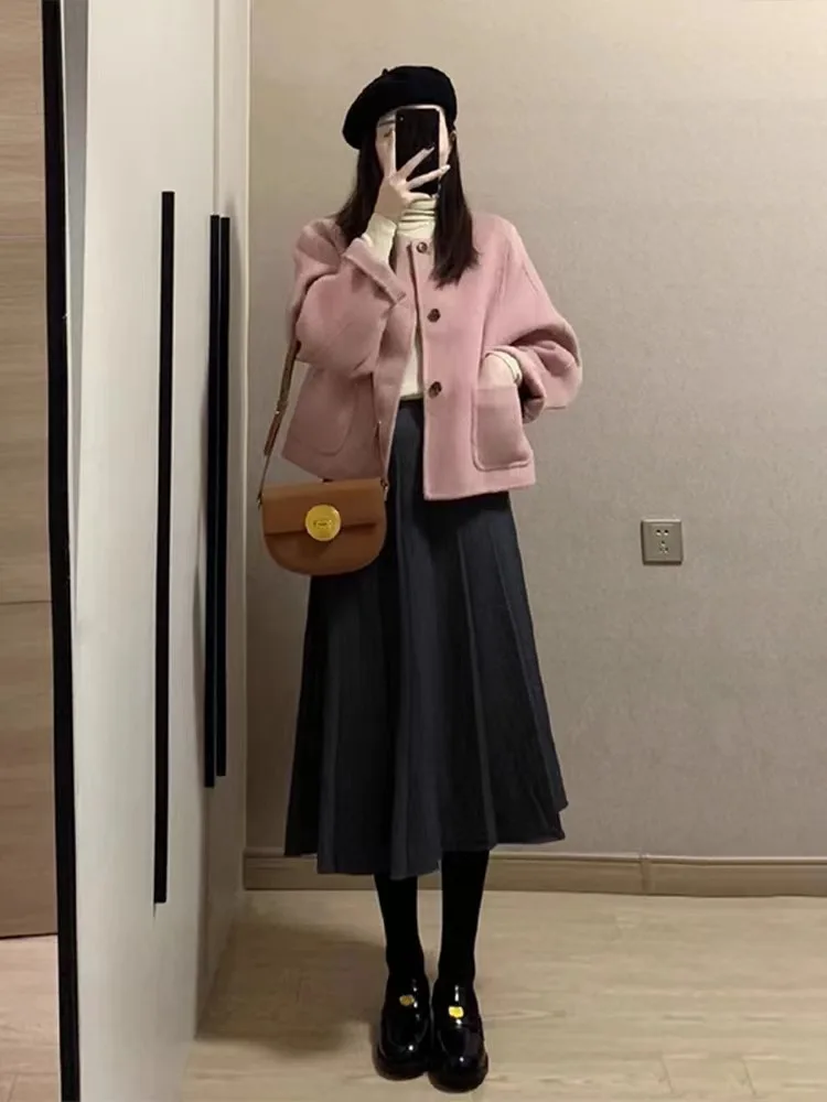 Plus Size Age Reducing Slimming Women Suit Jacket Skirt Autumn and Winter Korean Style Coat Top Long Pleated Skirt Two-piece Set