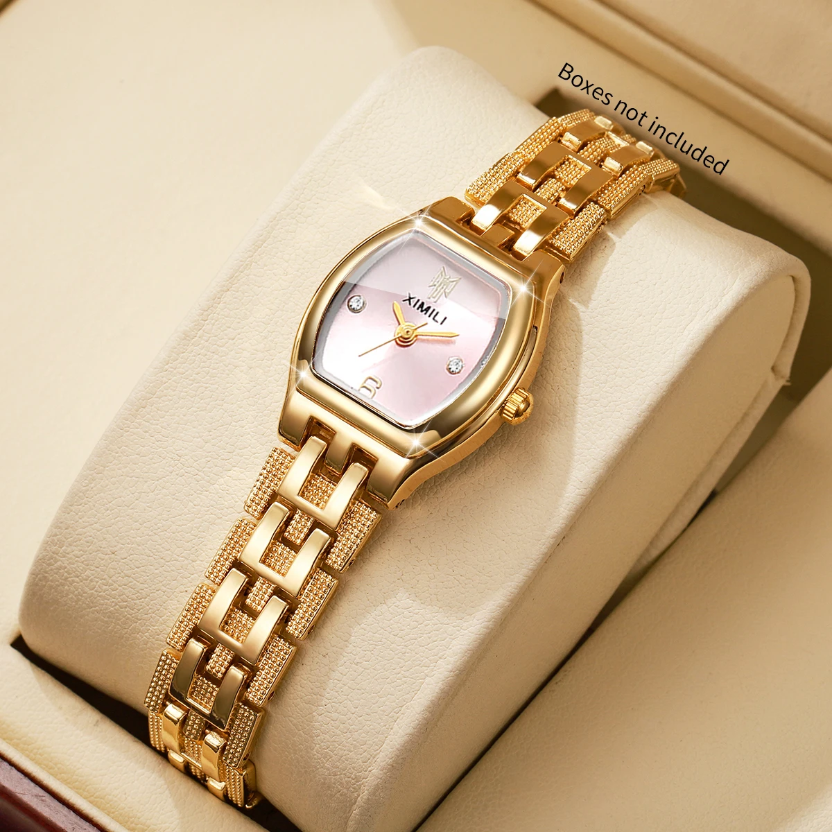 Fashion Tonneau Pink Dial Women Quartz Watch Golden Bracelet Strap Ladies Dress Wristwatches Clock Relogio Feminino（Without Box）