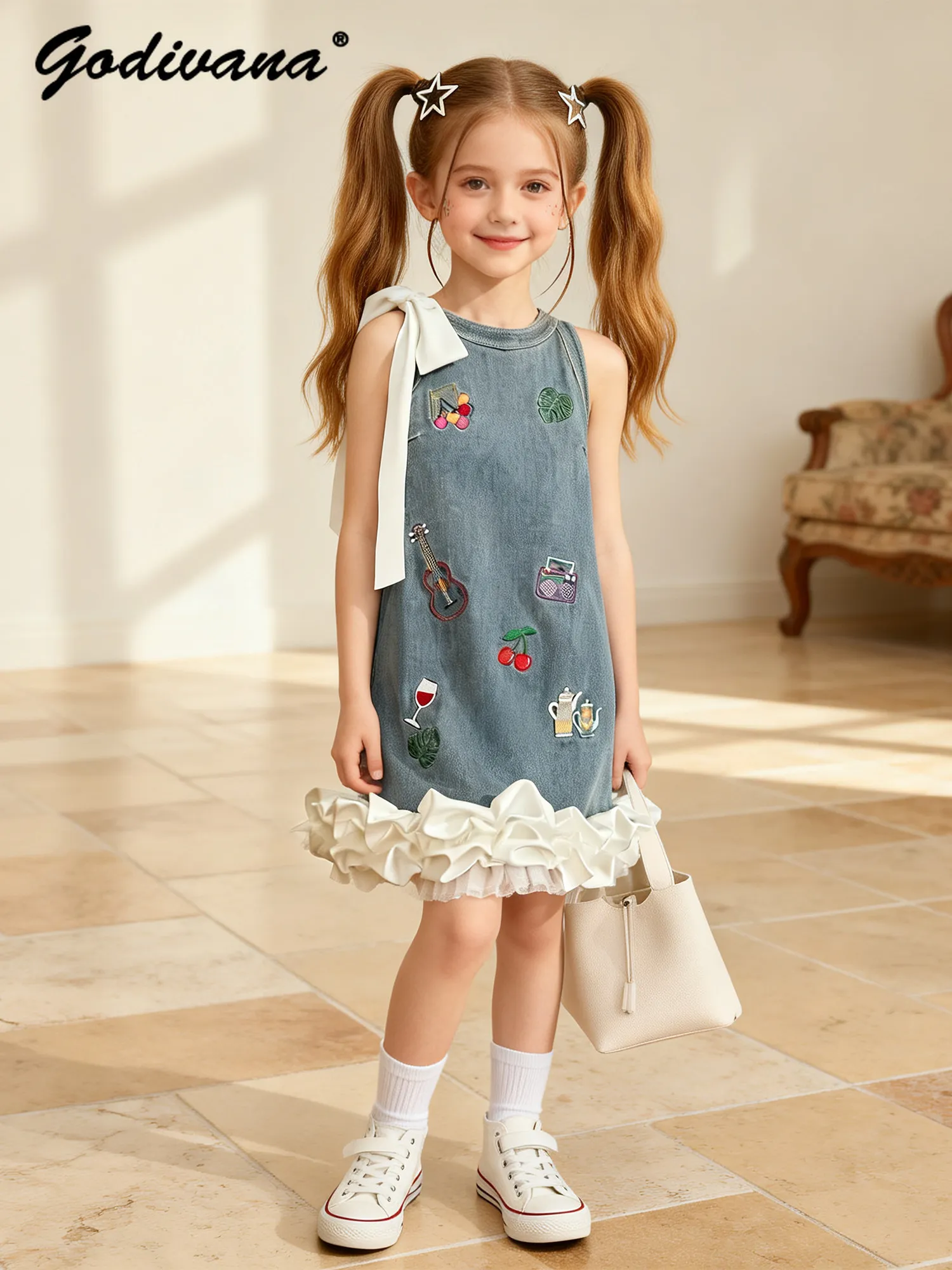 Little Girls 2026 Summer New Cartoon Embroidered Denim Tank Dress Kids French Fashion Lace Trim Sleeveless Casual Tulip Dress