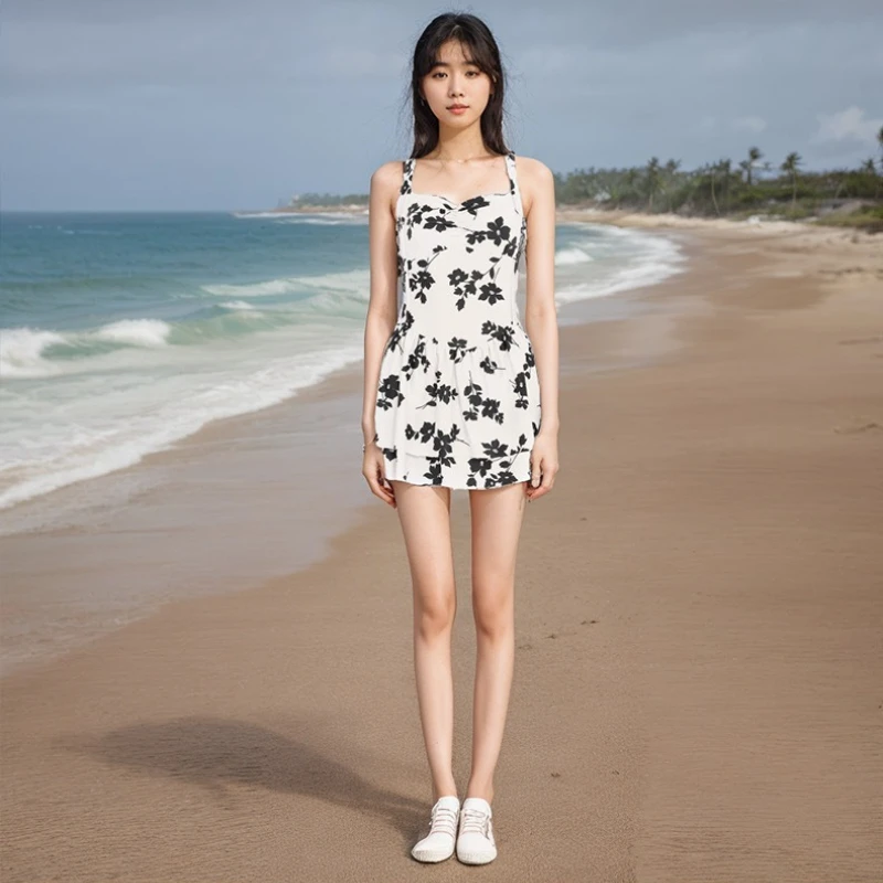 Women's One Piece Swimdress Floral Print Halter Neck Ruched Bust Layered Ruffle Skirt Modest Summer Beach Bathing Suit Swimwear