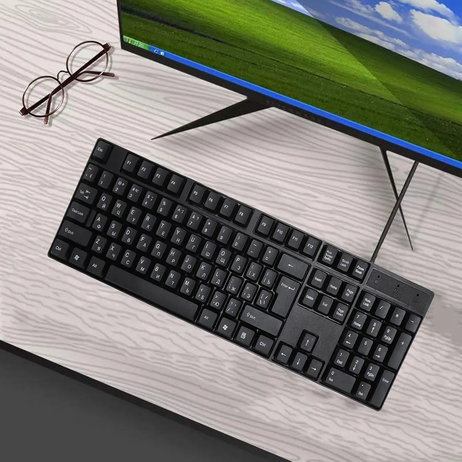 คีย์บอร์ดเกมมิ่งแบบมีสาย USB 104 ปุ่ม ดีไซน์ตามหลักสรีรศาสตร์สำหรับใช้งานในสำนักงานและการเล่นเกม คีย์บอร์ดภาษารัสเซีย สเปน ฝรั่งเศส และอาหรับ