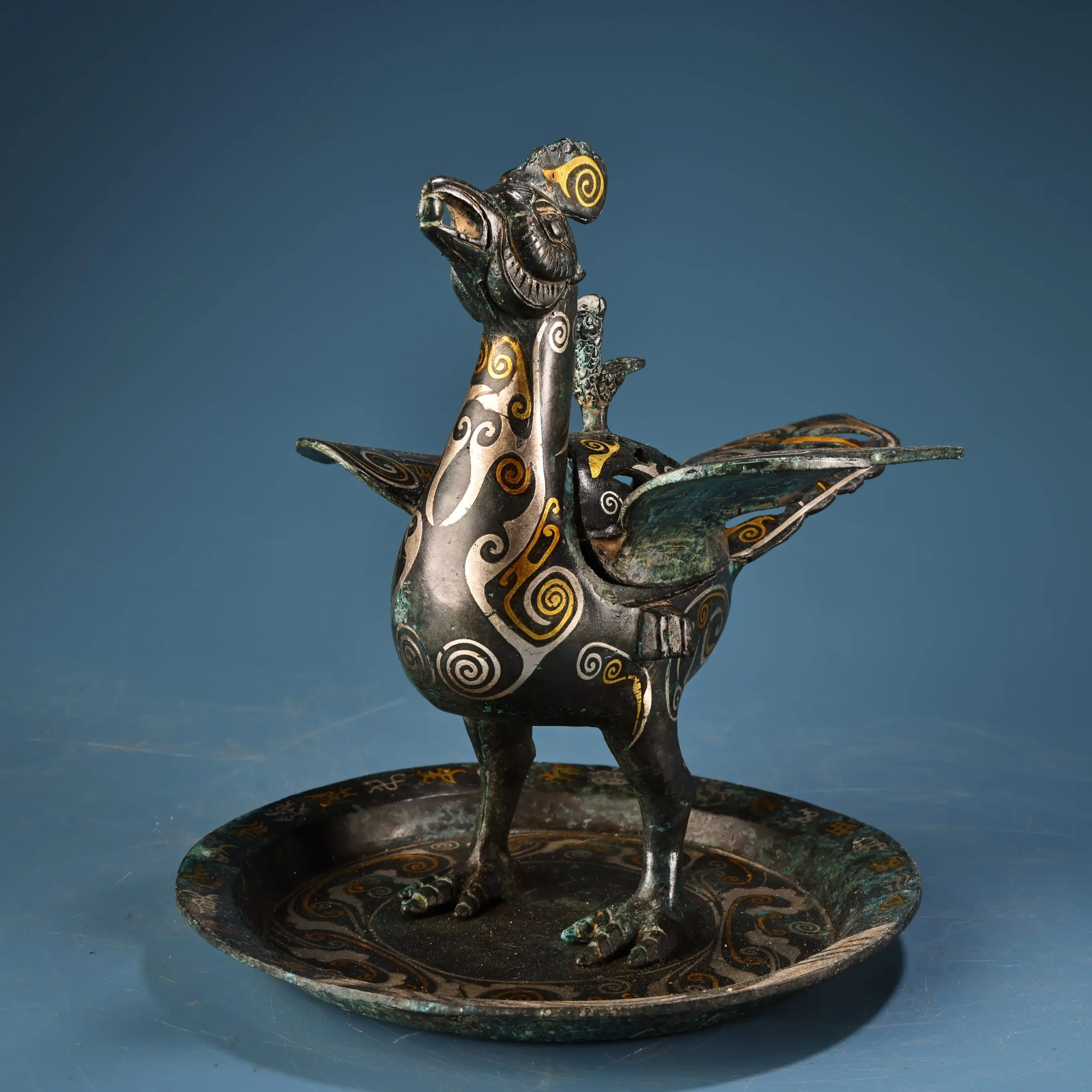Old Bronze Gilded Silver inscription Bird shaped incense burner Phoenix Cover Plate base Amass wealth Ornaments
