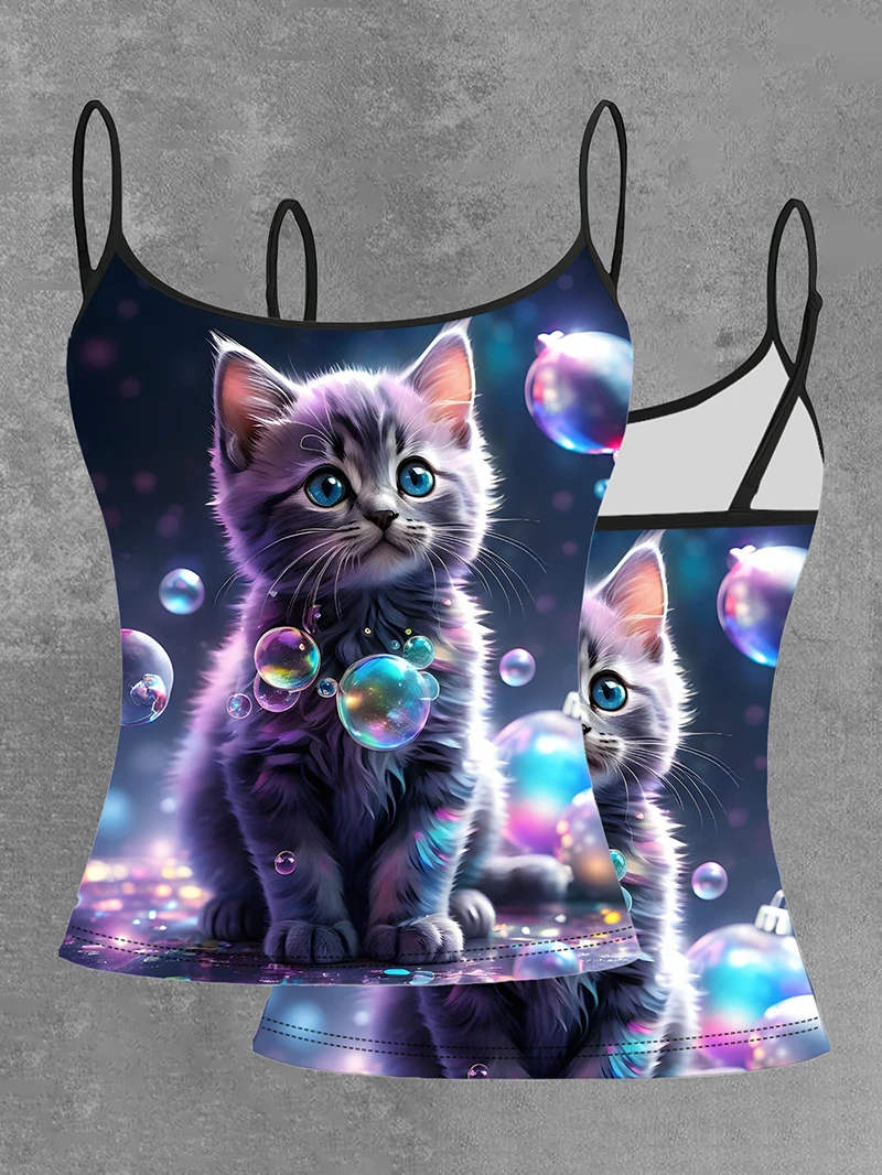 Fashionable Summer Fresh And Versatile New Style Sweet Women's Top Elegant Cat Print Camisole Clothing