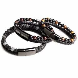 Trendy Bilayer Charm Natural Tiger Eye Stone 8mm Bead Leather Woven Bracelet 21cm 23cm Bracelets For Men&Women Fashion Jewelry