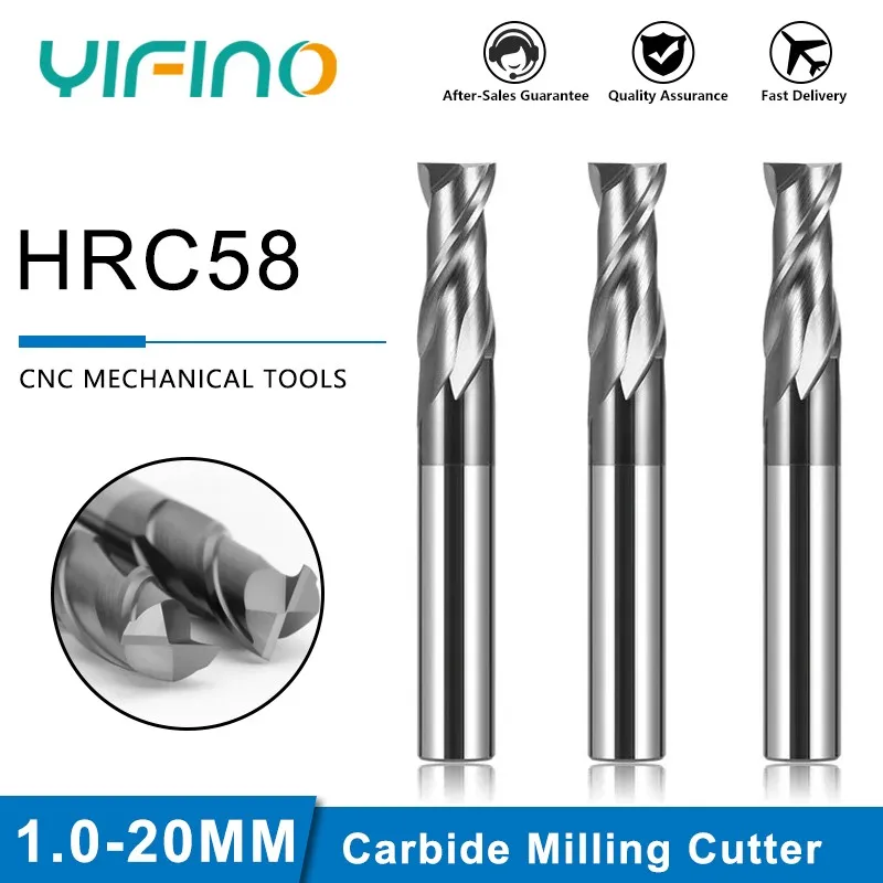 YIFINO HRC58 2-Flute Black Nano Coating Tungsten Steel Carbide Flat Milling Cutter CNC Mechanical Maching  Center Endmill Tools