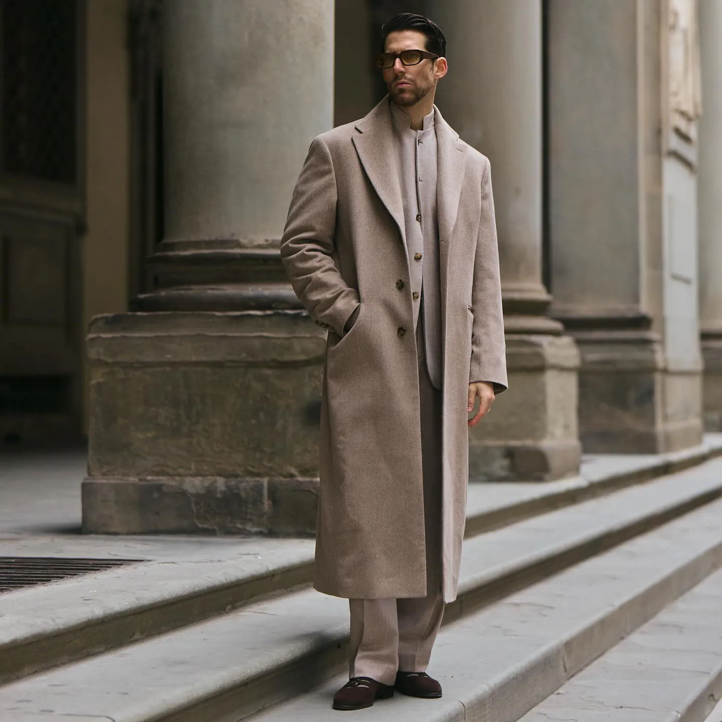 Classic Khaki Wool Long Overcoat with Notch Lapel Single Breasted Men Winter Oversized Trench Coat Outerwear Customized E2614