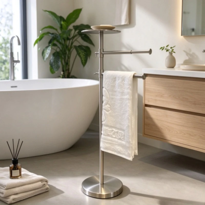 Freestanding Towel Rack Double Bar Stainless Steel Towel Holder with Tray Movable Brushed Storage Shelf Hotel Bathroom Decor