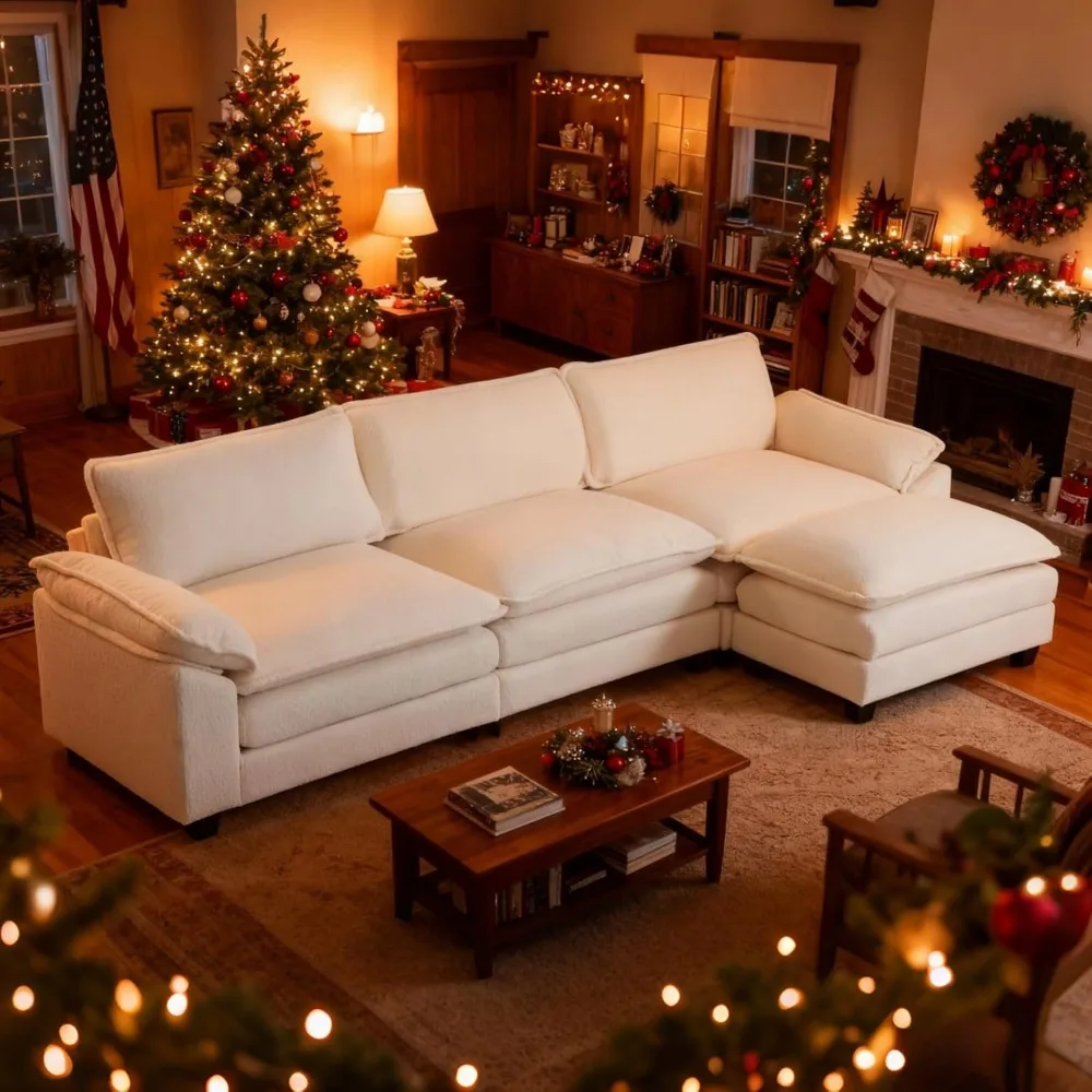

Sectional Sofa Modular Deep Seat Sofa Couch with Ottoman, Teddy Fleece Sofa Sleeper Comfy Upholstered Furniture for Li