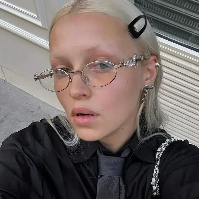 نظارات شمسية فاخرة بإطار بيضاوي معدني ماسي للنساء بإطار صغير نظارات شمسية بيضاوية UV400 نظارات خارجية عتيقة #3