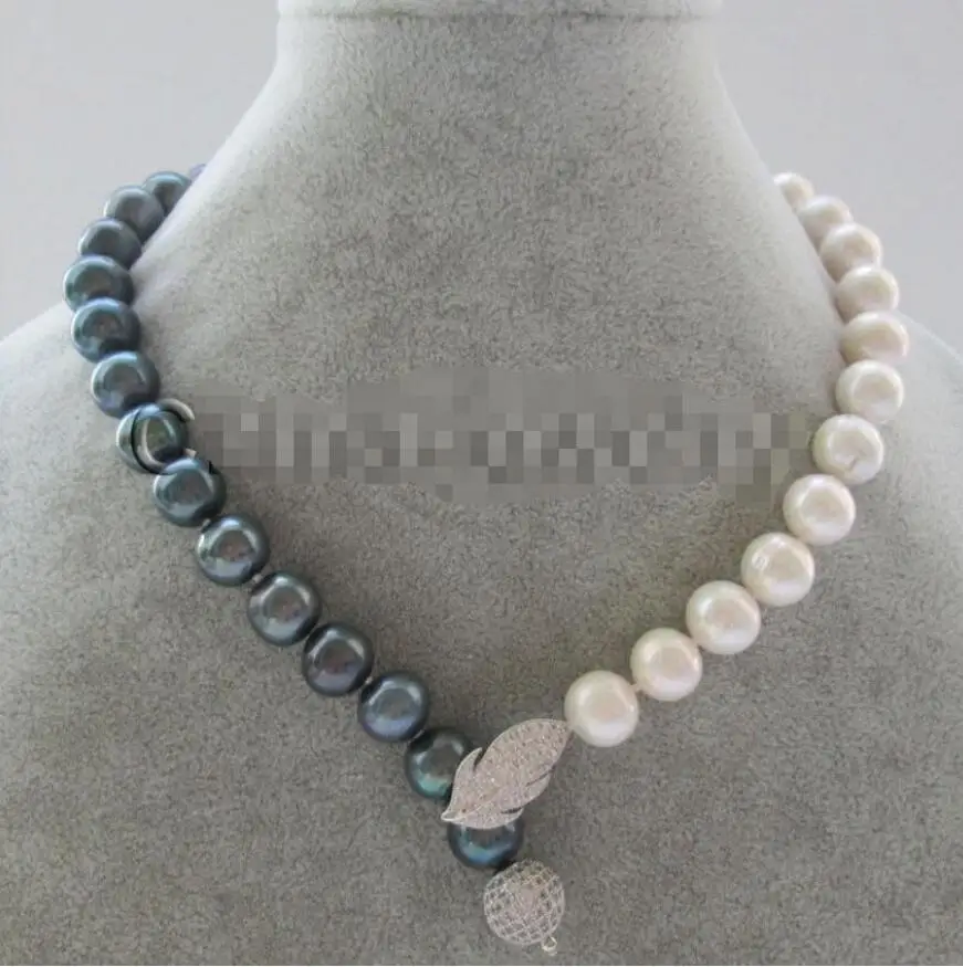 

Jewelry 18" 10-11mm natural white + black round freshwater pearl necklace