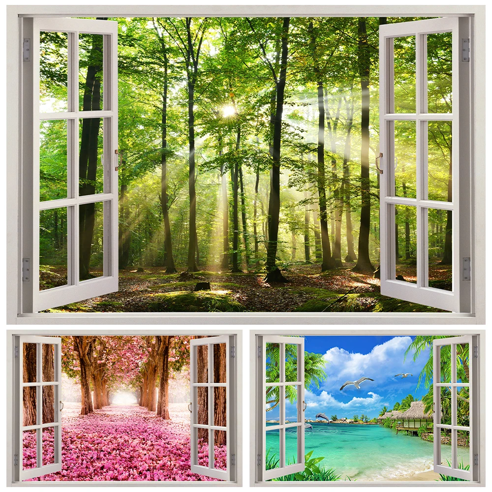 

Imitation Window Sunshine Forest Landscape Wall Sticker Self Adhesive PVC Cherry Blossom Seascape Mural for Living Room Bedroom