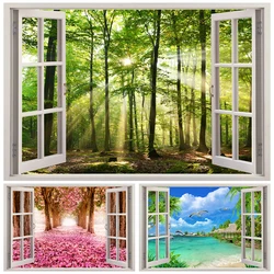 Imitation Window Sunshine Forest Landscape Wall Sticker Self Adhesive PVC Cherry Blossom Seascape Mural for Living Room Bedroom