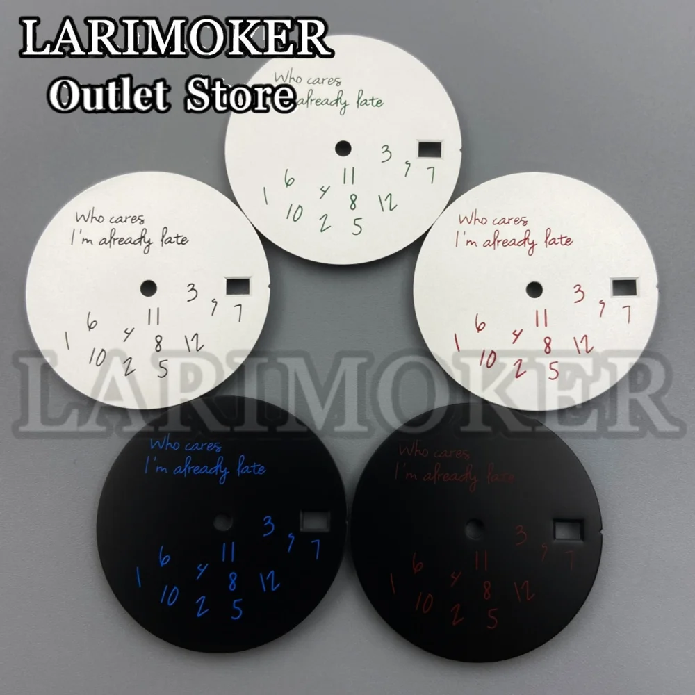

LARIMOKER 29mm Creative Text Watch Dial Black Red Blue White "who cares i am already late" fit NH35A movement Watch Accessories