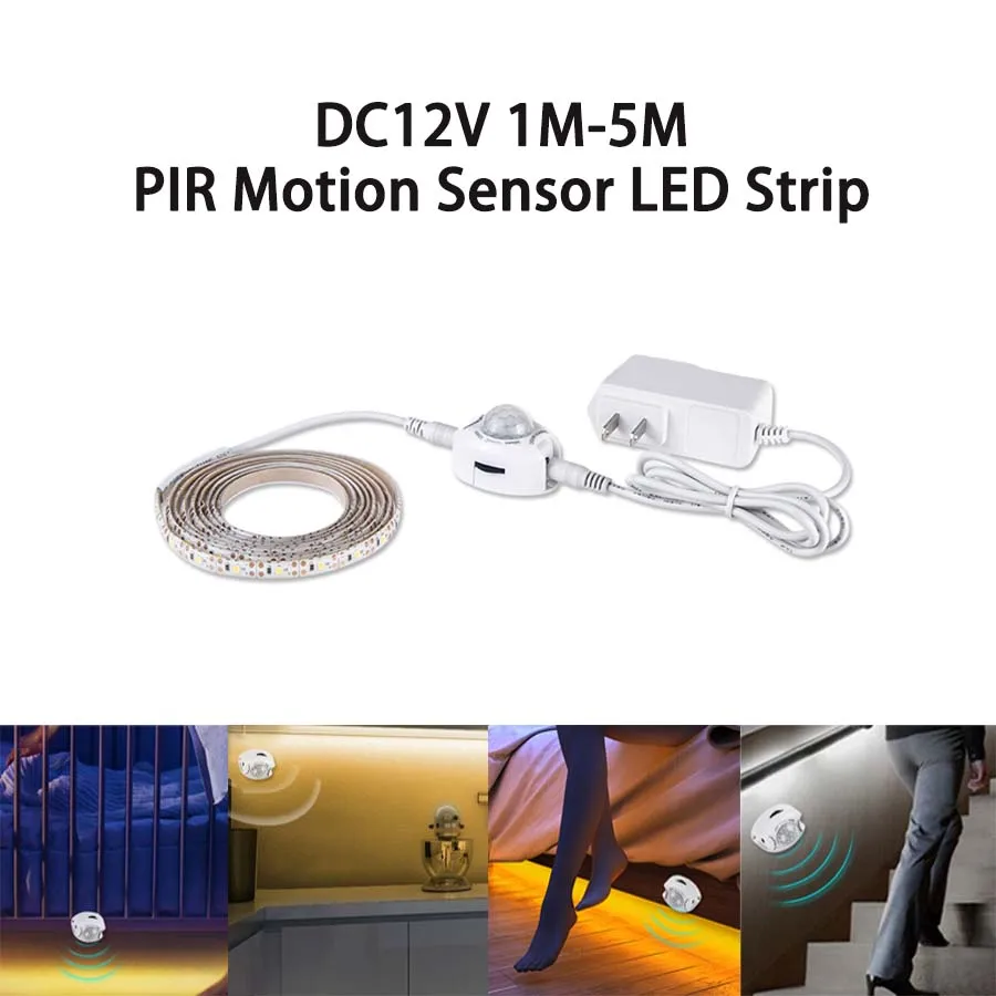 PIR 모션 센서 LED 스트립 조명, 방수 조명 스트립, 침실 주방 옷장 옷장 계단 침대 옆, DC 12V, 1m-5m