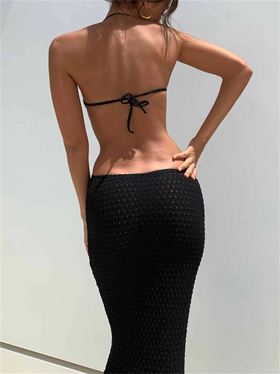 Wsevypo Halter Maxi Bodycon kobiety sukienka 2022 lato Sexy Hollow Out Backless owinięte długie sukienki imprezowe klub letnia sukienka plażowa