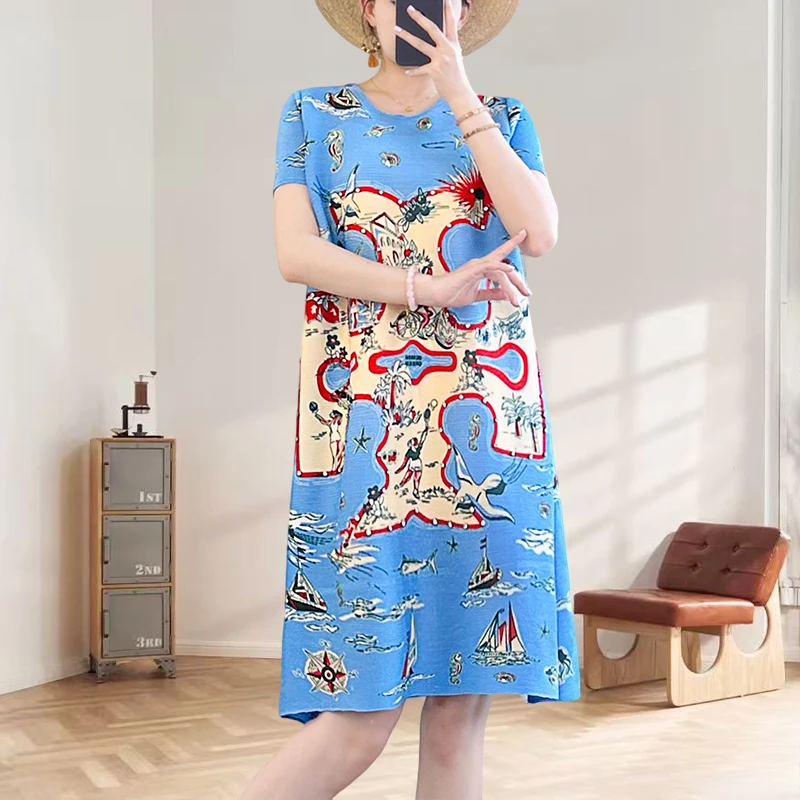 

Miyake Pleated Dress Women 2025 Summer New Miyake Short-sleeved Fold Seaside Holiday Loose Thin Pleat Skirt Women Clothing