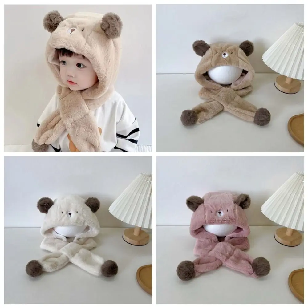 Fashion Design Bear Plush Hat Korean Style Solid Color Children Fleece Hat Muffler Cloth Accessories Plush Hat with Scarf Girls