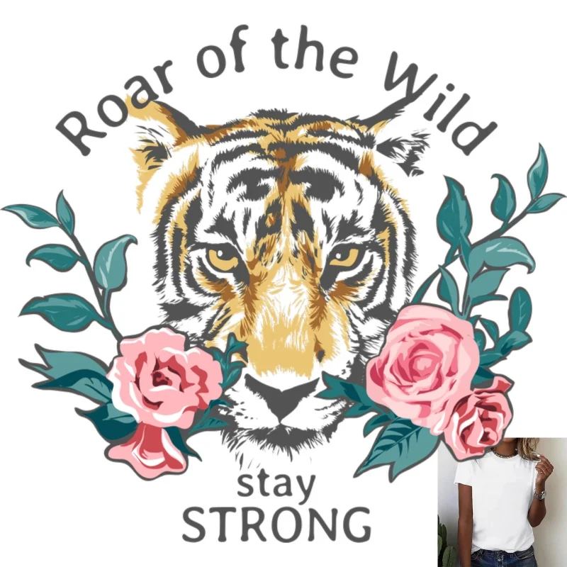 Wild Roar Tiger & Floral Pattern Heat - Transfer White Ink Iron - on Decal, Suitable for T - shirts/Canvas Bags, Casual Street