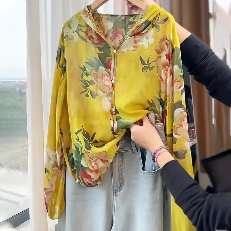 

Chinese Style Women's Blouses Printed Vintage Shirts Fashion Loose Summer Clothing Long Sleeved Satin Women Tops