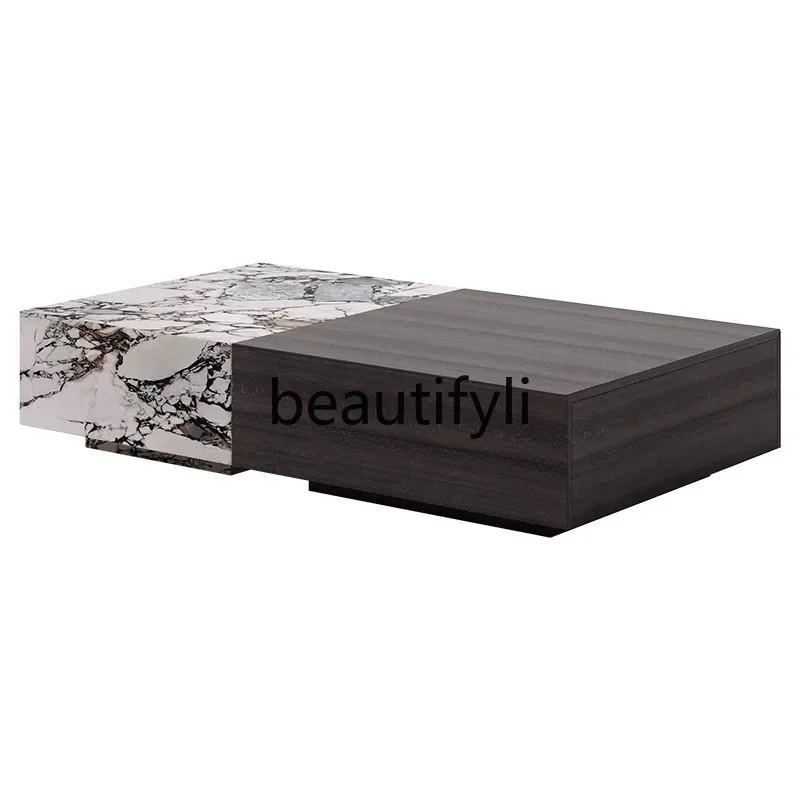 

Italian minimalist marble coffee table solid wood with storage living room household luxury stone slate