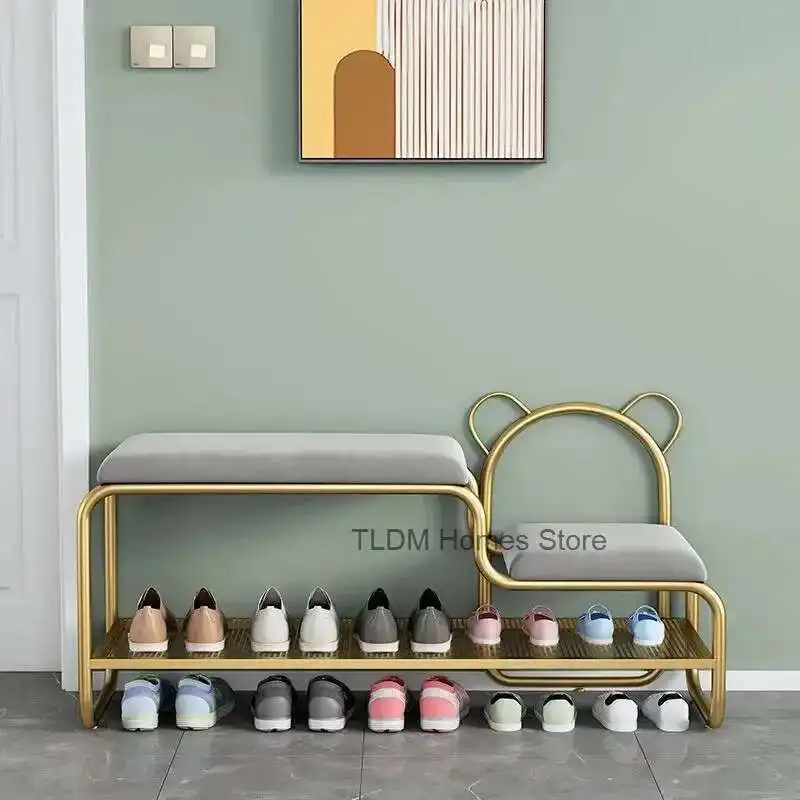 

Nordic Metal Shoe Rack Household Living Room Door Double-Layer Shoe Cabinet 2-In-1 Shoe Stool Sofa Stool Shoe Organizer