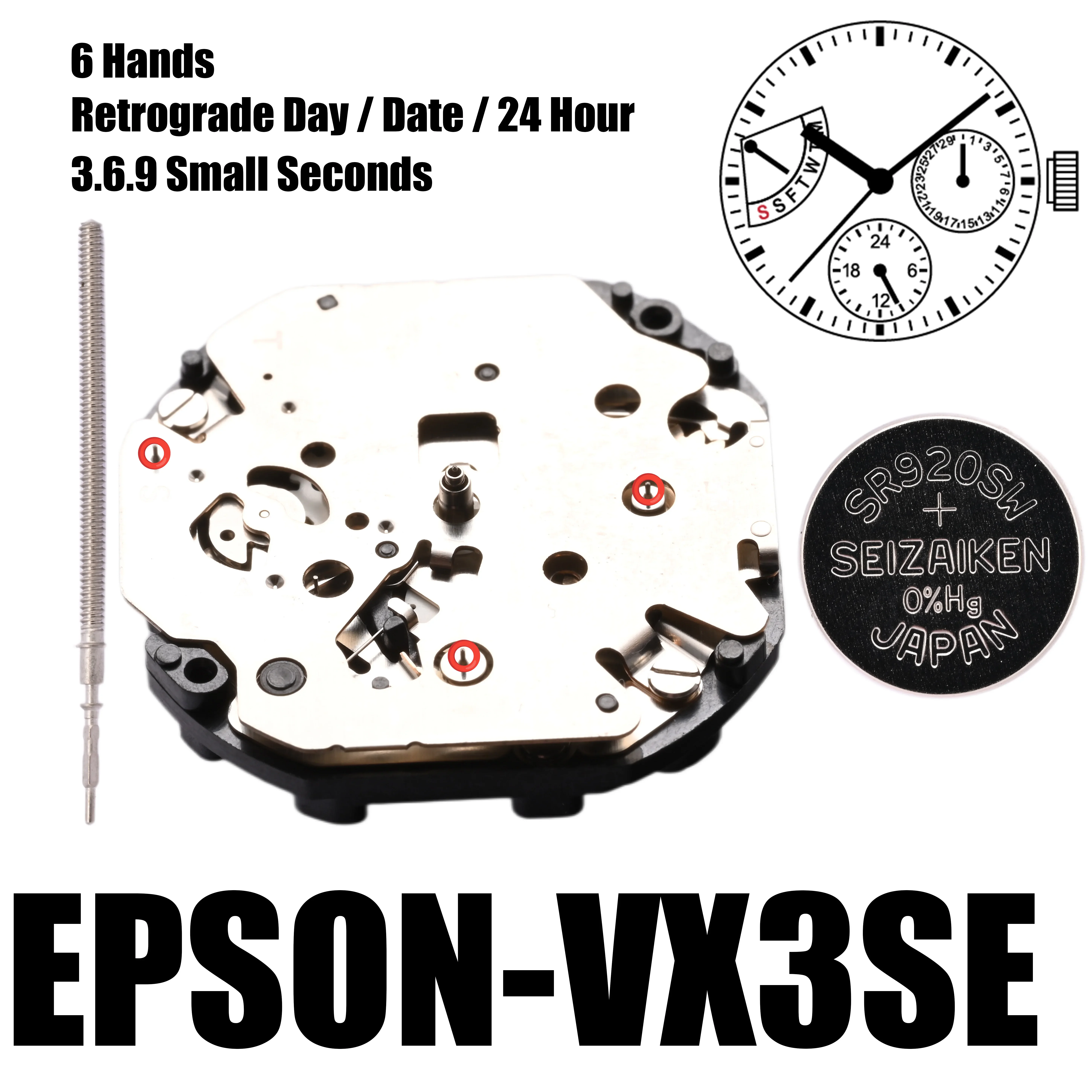 حركة ثواني صغيرة ، 6 أيدي ، VX3S ، VX3SE ، سلسلة VX3 ، 3.6.9 ، حجم 10 ، "، تاريخ ، 24 ساعة
