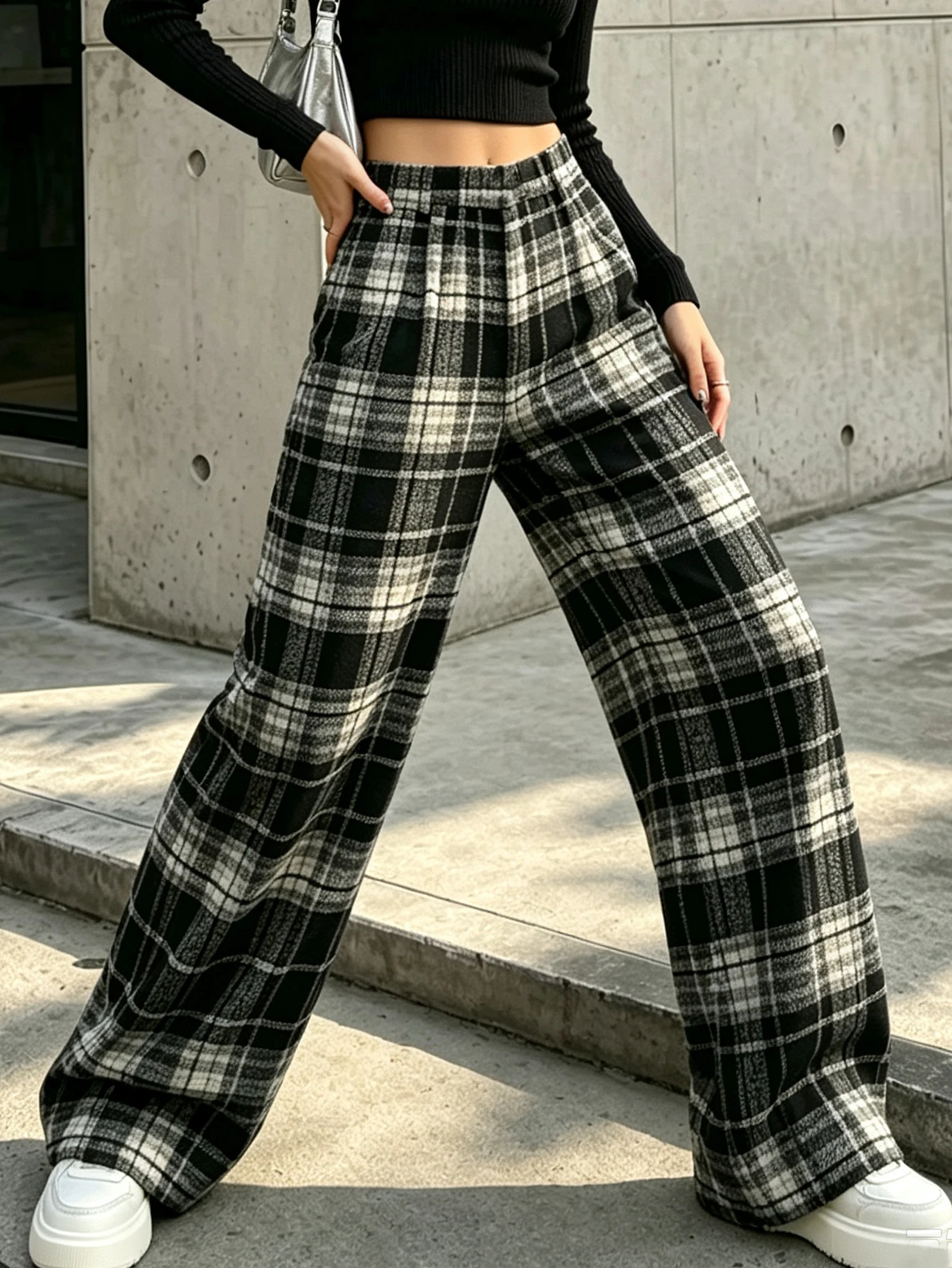 Elegant And Stylish Casual Checkered Loose Straight-leg Pants Suitable For Casual Daily Wear And Versatile For Outerwear