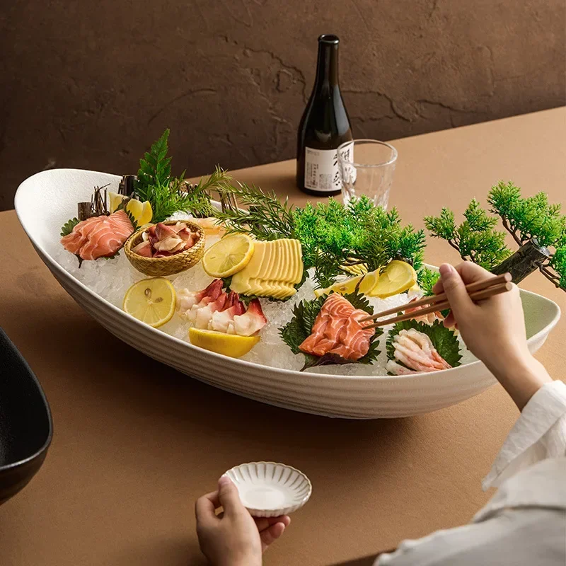 Matte Ceramic Tableware, Boat Shaped Dry Ice Plate, Salmon Sashimi Plate, Specialty Restaurant Seafood Display Plate, 25 Inches