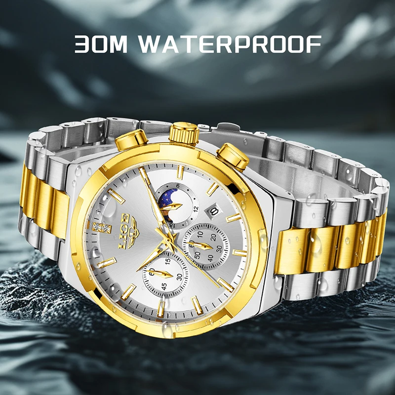 LIGE Women's Watches Top Brand Luxury 24 Hour Moon Phase Quartz Watch For Women Waterproof Luminous Chronograph Relogio Feminino