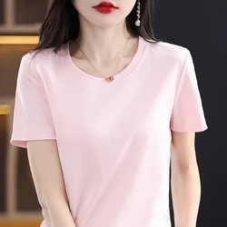 2024 Summer 100% Mercerized Cotton Women Silk T-shirts O-Neck Short Sleeve Loose Straight Tops Simple Casual Tees For Minimalist