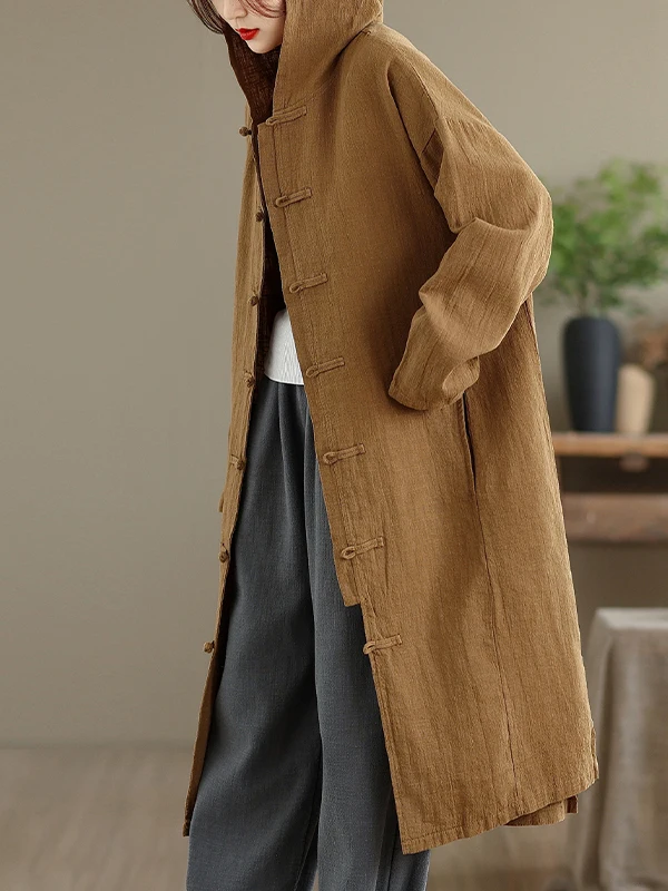 

Retro Wa Pure Color Oversized Casual Loose Long Sve Coat for Women with Button And Hood Autumn Wear Commute Sle