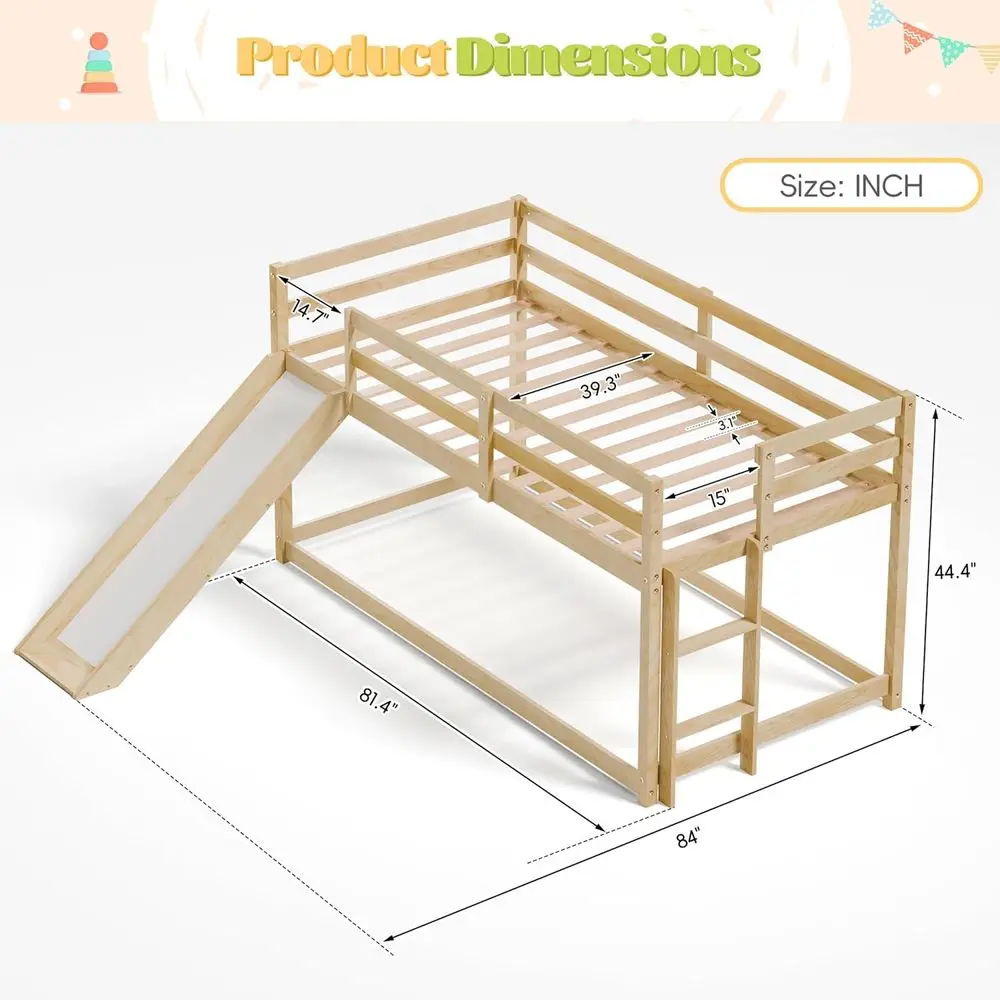 MU Low Bunk Bed with Slide, Twin Over Twin Bunk Bed, Solid Wood Bed e with ClimLadder & Saety Guard Rail, loor Lot Bed with Stor