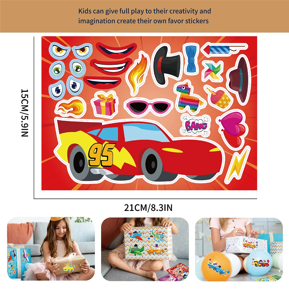 8/16Sheets Make-a-Face DIY Cartoon Car Puzzle Stickers Children Create Your Own Cars Assemble Jigsaw Game Boys Kids Toys Party