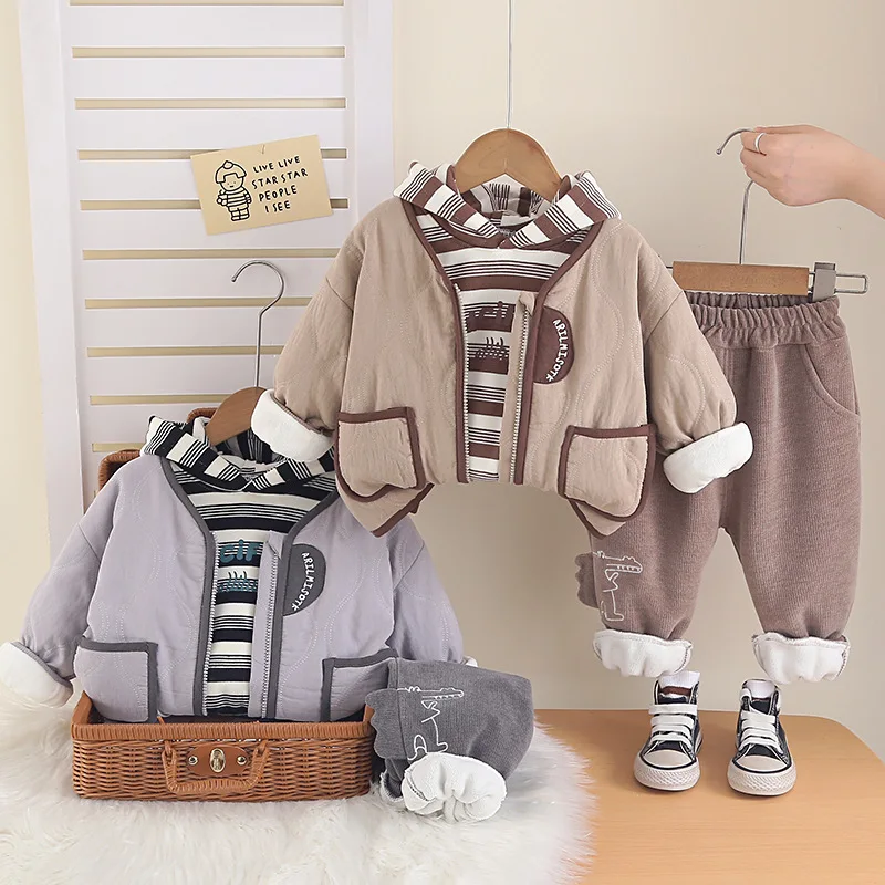 

Boys Thick Clothes Sets Winter 2025 Children Warm Velvet Coats Sweatshirts Pants 3pcs Hoodies Suit For Baby Tracksuits Kids 4 5Y