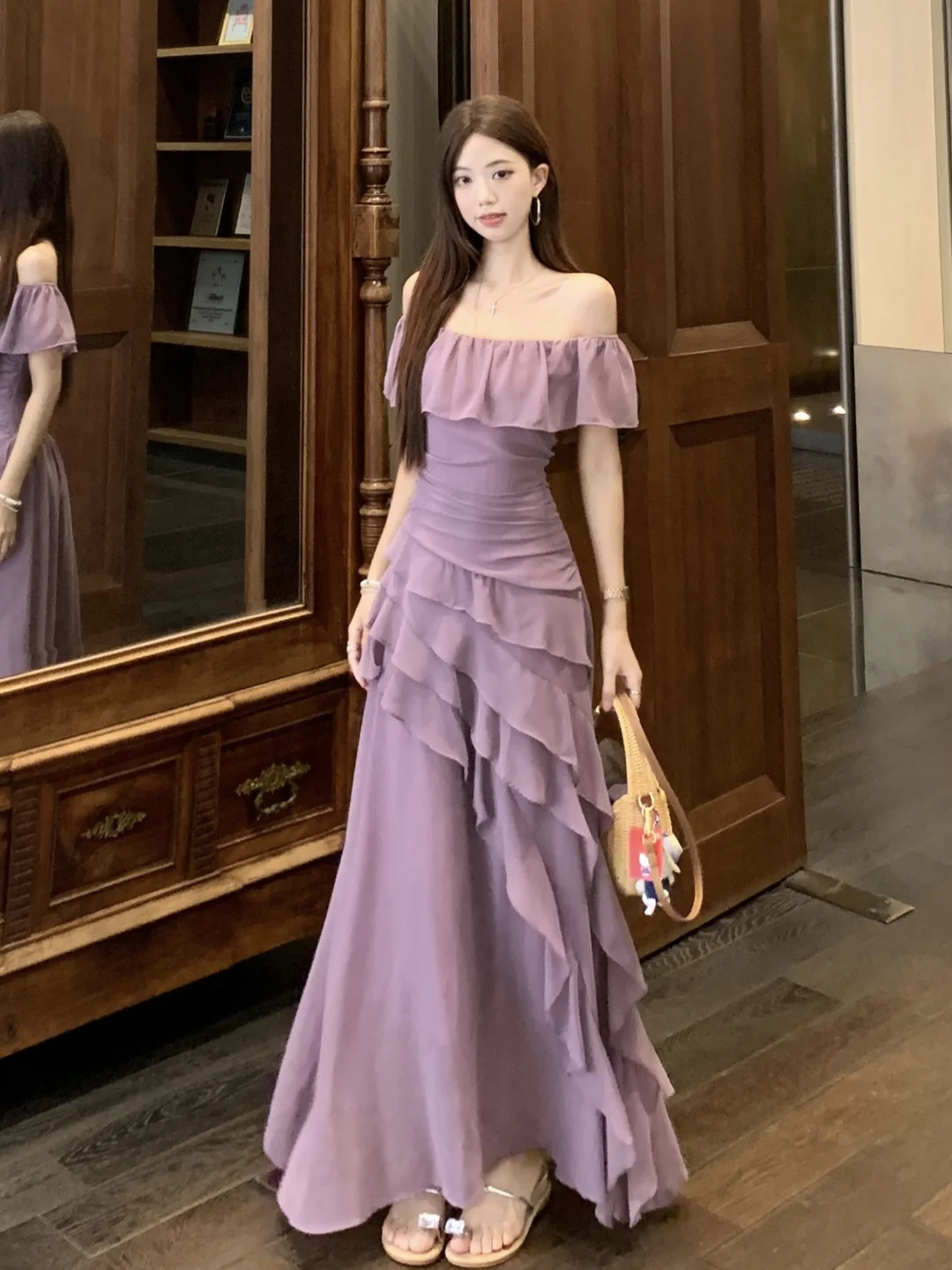 

Sweet Shoulder Bridesmaid Dress Maxi Skirt Korean Style A-Line Silhouette High Waist Short Sleeve Long Summer New Style Slimm...