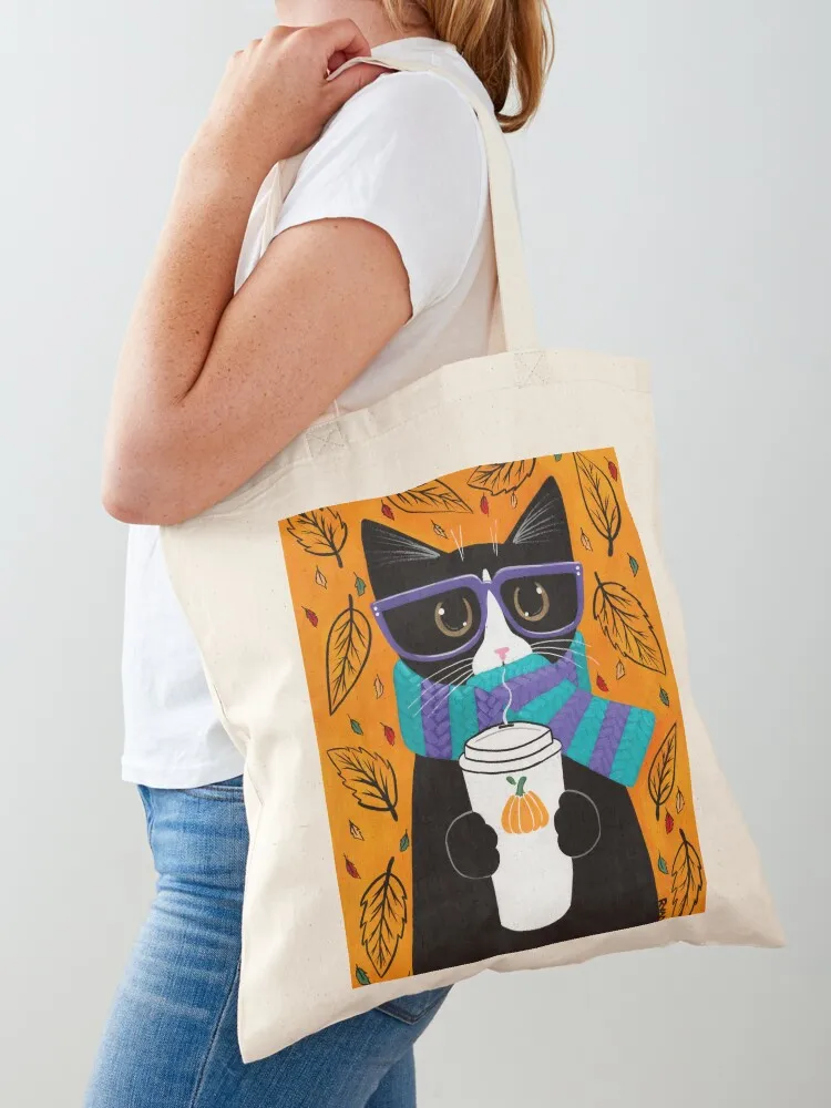 Autumn Tuxedo Coffee Cat Tote Bag bags for women tote bag Canvas Tote Bag